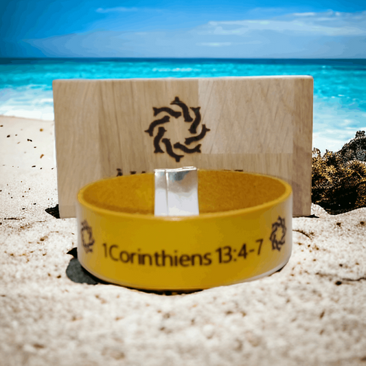 Bracelet en cuir premium couleur Jaune 1 Corinthiens 13 : 4-7